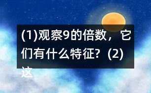 (1)觀察9的倍數(shù)，它們有什么特征?  (2)這些數(shù)的排列有什么特征?與同伴說說你的想法。  (3)如果左表擴“充到200，并找出99后面是9的倍數(shù)的數(shù)，它們將在表中的什么位置?做一做，檢驗?zāi)愕拇鸢浮?></p>										
													<h3>1、(1)觀察9的倍數(shù)，它們有什么特征?  (2)這些數(shù)的排列有什么特征?與同伴說說你的想法。  (3)如果左表擴“充到200，并找出99后面是9的倍數(shù)的數(shù)，它們將在表中的什么位置?做一做，檢驗?zāi)愕拇鸢浮?/h3>	 <p>北師大版五年級上冊數(shù)學(xué)《3的倍數(shù)的特征》</p><p>(1)觀察9的倍數(shù)，它們有什么特征?</p><p>一個數(shù)各個數(shù)位上的數(shù)字的和是9的倍數(shù)，這個數(shù)就是9的倍數(shù)。</p><p>(2)這些數(shù)的排列有什么特征?與同伴說說你的想法。</p><p>斜對角</p><p>(3)如果左表擴充到200，并找出99后面是9的倍數(shù)的數(shù)，它們將在表中的什么位置?做一做，檢驗?zāi)愕拇鸢浮?/p><p>108、117、126 135、144、153、162、171、180、189、198</p>	  <h3>2、北師大一年級數(shù)學(xué)上冊《鞏固應(yīng)用》 10.(1)說一說，你發(fā)現(xiàn)了哪些數(shù)學(xué)信息?(2)提出兩個數(shù)學(xué)問題，并列式解答。</h3>	 <p>北師大一年級數(shù)學(xué)上冊《鞏固應(yīng)用》 10.</p><p>(1)說一說，你發(fā)現(xiàn)了哪些數(shù)學(xué)信息?</p><p>有3個小朋友在蕩秋千，4個小朋友在玩滑梯，2個小朋友在玩蹺蹺板。</p><p>(2)提出兩個數(shù)學(xué)問題，并列式解答。</p><p>①一共有多少個朋友？</p><p>②一共有9個小朋友，有5個男生，女生有多少人？</p>	  <h3>3、（1）和同伴說一說，現(xiàn)在車上的人數(shù)多了還是少了？</h3>	 <p><p>北師大二年級數(shù)學(xué)上冊第一單元星星合唱隊練習(xí)題練一練及答案</p><p>車上原有56人。下來27人。上了19人。</p><p>（1）和同伴說一說，現(xiàn)在車上的人數(shù)多了還是少了？</p><p>答：下來的人比上去的多，所以車上的人數(shù)少了。</p></p>	  <h3>4、（1）一共有多少個杯子？（2）用了多少個扣子？</h3>	 <p>北師大二年級數(shù)學(xué)上冊第5單元《2-5的乘法口訣》數(shù)松果練一練答案</p><p>1.（1）一共有多少個杯子？</p><p>3x5=15（個）</p><p>（2）用了多少個扣子？</p><p>4x5=20（個）</p>	  <h3>5、（1）估一估，紅繩的長度是黃繩的多少倍？與同伴交流你的方法。</h3>	 <p>北師大二年級數(shù)學(xué)上冊《花園》練一練習(xí)題及答案</p><p>（1）估一估，紅繩的長度是黃繩的多少倍？與同伴交流你的方法。</p><p>答：紅繩是黃繩的5倍。</p><p>（2）分別量出紅繩和黃繩的長度，算一算，自己的估計準(zhǔn)確嗎？</p>	  <h3>6、2.(1)9個皮球多少元? (2)9個網(wǎng)球多少元?</h3>	 <p>北師大二年級數(shù)學(xué)上冊《買球》練一練習(xí)題及答案</p><p>2.(1)9個皮球多少元?</p><p>98=72</p><p>答：9個皮球72元。</p><p>(2)9個網(wǎng)球多少元?</p><p>99=81</p><p>答：9個網(wǎng)球81元。</p><p>(3)30元買4個網(wǎng)球，夠嗎?</p><p>94=36</p><p>答：夠了</p><p>(4)請你再提出一個數(shù)學(xué)問題，并嘗試解答。</p>	  <h3>7、4.小兔安家。（1）有4間房子，平均每間住幾只小兔？</h3>	 <p>    <tbody>        <tr>            <td width=