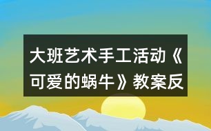 大班藝術(shù)手工活動《可愛的蝸?！方贪阜此?></p>										
													<h3>1、大班藝術(shù)手工活動《可愛的蝸?！方贪阜此?/h3><p>　　活動目標(biāo)：</p><p>　　1.學(xué)習(xí)用卡紙制作蝸牛，表現(xiàn)蝸牛的身體。</p><p>　　2.通過觀看示范，了解制作的基本方法，把握剪和折的方法。</p><p>　　3.在手工活動中，保持桌面和地面整潔，養(yǎng)成良好的手工活動習(xí)慣。</p><p>　　4.培養(yǎng)幼兒的觀察、操作、表達(dá)能力，提高幼兒的審美情趣及創(chuàng)新意識。</p><p>　　5.培養(yǎng)幼兒養(yǎng)成有序擺放工具、材料的習(xí)慣。</p><p>　　活動準(zhǔn)備：</p><p>　　1.每組有小籮筐一個(里面有各種顏色的卡紙)</p><p>　　2.記號筆，固體膠，剪刀</p><p>　　3.蝸牛范例一個</p><p>　　活動過程：</p><p>　　一、激趣導(dǎo)入</p><p>　　1.小朋友，我們來猜一個謎語：沒有腳，沒有手，背著房子到處走.要是有人碰碰它，趕緊躲到房子里。你知道這是什么小動物嗎?動腦筋想一想哦!(這是蝸牛)</p><p>　　2.你們喜歡蝸牛嗎?我們一起來做可愛的小蝸牛。</p><p>　　二、課件演示</p><p>　　三、觀察學(xué)習(xí)</p><p>　　1.認(rèn)識做蝸牛的材料。(剪刀、固體膠、記號筆、卡紙)</p><p>　　2.出示一只做好的蝸牛，幼兒觀察。</p><p>　　3.示范蝸牛制作方法：</p><p>　　(1)用記號筆在卡紙上畫一個大圓和一個小圓，用剪刀剪下來。</p><p>　　(2)畫上兩個大大的眼睛，用剪刀剪下來。</p><p>　　(3)在校園上畫上自己喜歡的花紋，這是蝸牛的房子。</p><p>　　(4)還要剪下一條長長的觸角，用手對折拉開。</p><p>　　(5)最后，請固體膠來幫助把它們變成一只可愛的蝸牛。(大大圓對折做蝸牛的身體，房子貼在身體上，觸角貼在蝸牛的頭上，再貼上兩個小眼睛，蝸牛就變出來了)</p><p>　　(6)還要貼上小草，給蝸牛做朋友。(用綠色卡紙對折，畫上小草剪下來，再打開折一下，小草就可以立起來了)</p><p>　　四、動手操作</p><p>　　重點引導(dǎo)幼兒發(fā)揮想象，畫出有個性的“房子”，將做好的蝸牛放在紙上，再在旁邊添加草地就完成了。</p><p>　　五、作品評價</p><p>　　幼兒相互欣賞同伴制作的蝸牛，感知體驗成功制作小蝸牛的快樂。</p><p>　　活動延伸：</p><p>　　1.可遷移其他材料制作蝸牛。</p><p>　　2.舉行蝸牛展覽會。</p><p>　　活動反思：</p><p>　　這個活動，通過形象可愛的PPT圖片，吸引幼兒參與活動的興趣;通過循序漸進(jìn)的介紹，讓幼兒能清晰的了解蝸牛的制作方法;通過簡單易懂的語言，幫助幼兒記憶制作的步驟。出示做好的蝸牛成品時，能詳細(xì)介紹一下蝸牛，效果會更好。</p><h3>2、大班教案《可愛的動物》含反思</h3><p><strong>活動目標(biāo)：</strong></p><p>　　1.能用繪畫、剪貼的形式表現(xiàn)出自己最喜歡的動物的基本特征。</p><p>　　2.體驗用不同形式表現(xiàn)動物的樂趣。</p><p>　　3.培養(yǎng)幼兒耐心完成任務(wù)的習(xí)慣，享受活動的樂趣。</p><p>　　4.感受作品的美感。</p><p><strong>活動過程：</strong></p><p>　　一、談話導(dǎo)入，激發(fā)幼兒參與活動的興趣。</p><p>　　1.教師出示大森林的背景圖，引起幼兒對動物的回憶，并提問：</p><p>　　(1)看，這是在哪啊?在大森里里會有哪些動物呢?</p><p>　　(2)你喜歡什么動物?它是什么樣子的呢?</p><p>　　2.教師小結(jié)：這么多的動物在一起就像一個大家庭。</p><p>　　二、用繪畫、剪貼的形式表現(xiàn)出自己最喜歡的動物的基本特征。</p><p>　　1.師幼談話：一天，森林里面要開音樂會，讓我們請出自己最喜歡的小動物來參加吧。</p><p>　　教師引導(dǎo)幼兒談?wù)勛约合胝堈l來參加。</p><p>　　2.教師引導(dǎo)幼兒討論進(jìn)行交流。</p><p>　　師：先請小朋友想一想你最喜歡哪個動物?然后請你來跟大家說一說。</p><p>　　3.交代作畫材料。</p><p>　　師：現(xiàn)在請你們來制作自己喜歡的小動物，老師這里有很多的操作材料，你想用什么方法和材料來制作自己喜歡的小動物呢?</p><p>　　教師引導(dǎo)幼兒自由地說一說。</p><p>　　4.教師引導(dǎo)幼兒自主選擇自己喜歡的材料進(jìn)行制作，教師巡回進(jìn)行指導(dǎo)。</p><p>　　三、講評作品，結(jié)束活動。</p><p>　　1.教師幫助幼兒展示自己的作品。</p><p>　　師：看，這些都是我們小朋友自己制作的動物，我們一起來看一看吧。</p><p>　　教師將幼兒的作品展示出來，請個別幼兒再集體面前進(jìn)行交流。</p><p>　　2.教師播放音樂，引導(dǎo)幼兒和小動物跳舞。</p><p>　　師：音樂會馬上就要開始了，讓我們和最喜歡的小動物一起跳舞吧。</p><p><strong>活動反思：</strong></p><p>　　動物是幼兒非常喜歡的，所以今天的活動孩子們非常投入，一些孩子的作品有創(chuàng)意，表現(xiàn)出色，全班孩子總體的在繪畫的操作方面能力都有所進(jìn)步，只是到最后的游戲時間，有些孩子比較著急，所以涂色方面有些粗糙，我也進(jìn)行了相關(guān)的講解指導(dǎo)。從這次的操作中，我發(fā)現(xiàn)兩大弱點：一是孩子們對于自主的進(jìn)行美術(shù)創(chuàng)作活動缺乏經(jīng)驗和能力;二是材料不夠豐富，將在以后日常的區(qū)域活動中增加創(chuàng)作的內(nèi)容，提供給孩子們更多的操作材料，引導(dǎo)他們自由創(chuàng)作，增強(qiáng)這方面的經(jīng)驗和能力。</p><h3>3、大班活動教案《可愛的熊貓》含反思</h3><p>　　活動目標(biāo)</p><p>　　(活動目標(biāo)的確定應(yīng)注意包括認(rèn)知、情意、技能三個領(lǐng)域)</p><p>　　1. 激發(fā)幼兒對畫國畫的興趣</p><p>　　2. 初步學(xué)畫大熊貓. 表現(xiàn)大熊貓的特征和憨態(tài) .</p><p>　　3. 進(jìn)一步讓幼兒知道熊貓是我們中國的國寶.</p><p>　　教學(xué)重點、難點</p><p>　　1.因為在我們這個地方. 熊貓活體是不常見的. 說到可愛和憨態(tài). 只能是說說</p><p>　　活動準(zhǔn)備</p><p>　　1.組織幼兒觀看國畫, 引導(dǎo)幼兒感受國畫的獨特風(fēng)格.</p><p>　　2. 幼兒學(xué)習(xí)畫國畫的基本筆法。如中鋒，側(cè)鋒，散鋒等。</p><p>　　3.大熊貓示范畫1幅</p><p>　　4.毛筆，墨水，宣紙，顏料，調(diào)色盤等若干。</p><p>　　活動過程</p><p>　　1.請幼兒欣賞大熊貓的示范畫, 給幼兒講解作畫的工具, 材料和畫法. 教師示范畫大熊貓,邊示范邊指導(dǎo)幼兒用筆, 用墨., 淡墨中鋒畫圓形,濃墨小側(cè)鋒畫兩只耳朵,眼晴畫成:八”字形,中間留空白,表現(xiàn)小小鼻子尖,濃墨側(cè)鋒畫兩條腿.</p><p>　　2. 鼓勵幼兒用淡墨/濃墨和不同的筆法畫出不同姿態(tài)的大熊貓, 添畫竹林或竹筍來豐富.裝飾畫面.</p><p>　　教學(xué)反思</p><p>　　活一動反思可以從以下幾個方面思考，不必面面俱到：</p><p>　　1.反思在備課過程中對活動內(nèi)容、教學(xué)理論、幼兒學(xué)習(xí)方法的認(rèn)知變化。</p><p>　　2.對活動過程的反思：(以下方面無論是與否，都應(yīng)該分析是與否的原因，從而總結(jié)經(jīng)驗或提出改進(jìn)措施)</p><p>　?、艑τ變喊l(fā)展的反思，例如，是否被理解、尊重、接納?是否有適度的自由空間?是否能通過與環(huán)境材料、同伴以及教師的互動，在情感、態(tài)度、能力、知識、技能等方面得到自主發(fā)展?</p><p>　?、茖處煂I(yè)發(fā)展的反思，例如，是否了解幼兒的經(jīng)驗水平、學(xué)習(xí)特點和個性特征?是否能把握教育內(nèi)容的核心價值及其發(fā)展線索?能否以自己最小的支持，促進(jìn)幼兒最大限度的發(fā)展?</p><p>　?、菍熡谆拥姆此?，例如，師幼配合情況，教師能否依幼兒的需要調(diào)整教學(xué)。</p><p>　　3.對活動效果的評析。在對目標(biāo)、策略的驗證與分析中找到自己的優(yōu)勢與不足，并明確今后改進(jìn)與完善的方向。</p><p>　　4. 如果讓你重新上這節(jié)課，你會怎樣上?有什么新想法嗎?或當(dāng)時聽課的老師或者專家對你這節(jié)課有什么評價?對你有什么啟發(fā)?</p><p>　　1.激發(fā)幼兒的興趣, 觀看大熊貓的錄像<最好配有音樂和人性化對話的>這樣幼兒就會感到有新鮮, 好奇的心理.</p><p>　　2, 可以鼓勵讓幼兒模仿大熊貓可愛/憨厚的樣子..</p><p>　　活動設(shè)計背景</p><p>　　(例如，因本班出現(xiàn)的某些現(xiàn)象;為了激發(fā)或發(fā)現(xiàn)幼兒的興趣愛好和需要;結(jié)合幼兒的年齡特點;課改綱要的自主學(xué)習(xí);本土環(huán)境因素的影響等引發(fā)的該活動設(shè)計)</p><h3>4、大班美術(shù)教案《可愛的長頸鹿》含反思</h3><p><strong>活動目標(biāo)：</strong></p><p>　　1、讓孩子們知道長頸鹿的特征以及它的習(xí)性。</p><p>　　2、用顏料裝飾長頸鹿。</p><p>　　3、在想象創(chuàng)作過程中能用簡單的材料裝飾，體驗成功的樂趣。</p><p>　　4、引導(dǎo)孩子們在活動結(jié)束后把自己的繪畫材料分類擺放，養(yǎng)成良好習(xí)慣。</p><p><strong>活動準(zhǔn)備：</strong></p><p>　　顏料，四角海綿</p><p><strong>活動過程：</strong></p><p>　　[導(dǎo)入]</p><p>　　1.用猜謎語的方式向孩子們介紹長頸鹿。</p><p>　　-我長得很高，我可以吃到高高的樹干上的葉子。</p><p>　　-我有長長的腿和脖子，我是什么呢?</p><p>　　[展開]</p><p>　　1、談?wù)勯L頸鹿。</p><p>　　-你見過長頸鹿嗎?</p><p>　　-你在哪兒見過的長頸鹿?</p><p>　　-見過長頸鹿后你有什么感想?</p><p>　　2、談?wù)勯L頸鹿的特征和習(xí)性。</p><p>　　-長頸鹿長什么樣?</p><p>　　(它長得很高，它的脖子和四條腿非常長，它是地球上最高的動物，它還有花斑。)</p><p>　　-長頸鹿在哪兒生長?</p><p>　　(它在溫?zé)岬貐^(qū)，樹木茂盛的的地方或是寬廣的草原生長。)</p><p>　　-長頸鹿怎樣吃東西?</p><p>　　(長頸鹿用它長長的舌頭和活動自如的上唇吃長在高處的樹葉或果實。)</p><p>　　-長頸鹿是怎樣警戒敵人的呢?</p><p>　　(長頸鹿可以聽見細(xì)小的聲音，并且它們的視力非常好，可以洞察到很遠(yuǎn)的地方。在遠(yuǎn)處有敵人的話它們會很快的知道然后避開敵人。)</p><p>　　-如果長頸鹿遇見獅子的話會怎么樣呢?</p><p>　　(獅子是對于長頸鹿唯一一個有威脅的動物，如果被獅子攻擊，長頸鹿會使勁地?fù)P起前踢攻擊獅子的頭部，然后它們會以時速65km的速度快速遠(yuǎn)離獅子。)</p><p>　　3、制作研究長頸鹿。</p><p>　　-想要制作出長頸鹿的話需要什么材料?</p><p>　　-用帶有顏料的海綿怎樣制作長頸鹿呢?</p><p>　　4、用帶有顏料的海綿制作長頸鹿。</p><p>　?、贉?zhǔn)備好和長頸鹿一樣顏色的顏料。</p><p>　　②顏料不要太稀，稠一點兒。</p><p>　?、塾盟慕呛＞d蘸上顏料印在長頸鹿的身上。</p><p>　?、苡酶鞣N顏色表現(xiàn)出立體感。</p><p>　　[結(jié)尾]</p><p>　　1、讓孩子們把印好的長頸鹿介紹給朋友們</p><p>　　2、總結(jié)活動</p><p><strong>活動反思：</strong></p><p>　　活動幼兒能十分的有興趣，對于長頸鹿也是幼兒所熟悉的動物。我覺得自己在引導(dǎo)上能抓住重點進(jìn)行引導(dǎo)了，但是還是顯得有點羅嗦了。通過活動也能簡單的了解到了長頸鹿的生活習(xí)性與身體的特征。給幼兒進(jìn)行了運用圖形來進(jìn)行拼貼出長頸鹿的形態(tài)，幼兒十分喜歡這個游戲的環(huán)節(jié)，但是由于時間的關(guān)系只請了兩個幼兒進(jìn)行幼兒，其他幼兒還想玩。在示范上也按園長給的要求邊示范邊和范畫進(jìn)行對比的的來示范、讓幼兒進(jìn)一不的了解長頸鹿的特征。在幼兒自己在操作上掌握的還是不錯的</p><h3>5、大班教案《可愛的小青蛙》含反思</h3><p><strong>活動目標(biāo)：</strong></p><p>　　1、通過幼兒樂于參與教學(xué)活動，讓幼兒知道青蛙是“農(nóng)田衛(wèi)士”，激發(fā)幼兒保護(hù)青蛙的情感。</p><p>　　2、通過故事《小蝌蚪找媽媽》讓幼兒了解青蛙的外形特征、生活習(xí)性等相關(guān)知識。</p><p>　　3、培養(yǎng)幼兒觀察事物細(xì)微變化的習(xí)慣。</p><p>　　4、學(xué)會折疊青蛙的方法。</p><p>　　5、培養(yǎng)幼兒大膽發(fā)言，說完整話的好習(xí)慣。</p><p>　　6、能簡單復(fù)述故事。</p><p><strong>活動重難點：</strong></p><p>　　小青蛙生長的過程。</p><p>　　用紙折疊小青蛙的方法步驟。</p><p><strong>活動準(zhǔn)備：</strong></p><p>　　1、課前請家長和孩子一起收集有關(guān)青蛙的資料。</p><p>　　2、故事《小蝌蚪找媽媽》。</p><p>　　3、青蛙圖片。</p><p>　　4、正方形紙。</p><p><strong>活動過程：</strong></p><p>　　一、猜謎導(dǎo)入</p><p>　　池塘有個音樂家，一到夏天呱呱呱，身上穿件綠衣裳，伸長舌頭把蟲抓。</p><p>　　二、交流討論</p><p>　　出示圖片一只可愛的小青蛙請小朋友相互交流自己收集的有關(guān)青蛙的資料，了解青蛙的各種知識。</p><p>　　1、青蛙的生活環(huán)境：提問：青蛙喜歡生活在什么地方?</p><p>　　2、青蛙的外形。提問：</p><p>　　(1)青蛙背部和腹部的顏色有什么不同?</p><p>　　(2)它對青蛙有什么好外?</p><p>　　師小結(jié)：青蛙的體色是保護(hù)色，可幫助青蛙躲避敵害有利于捕食。</p><p>　　3、青蛙的捕食，提問：青蛙吃什么?</p><p>　　(青蛙是有益動物，據(jù)統(tǒng)計，每只青蛙每天大約吃60只害蟲，從春天到秋天的8個月中，一只青蛙可以消滅一萬只害蟲。</p><p>　　4、青蛙的冬眠。提問：青蛙在冬季里是怎樣生活的?它躲在什么地方?</p><p>　　5、討論：</p><p>　　(1)青蛙對人類及自然界有什么作用?</p><p>　　(2)我們應(yīng)當(dāng)如何保護(hù)它們?</p><p>　　6、小結(jié)：青蛙是人類的好朋友，是大自然不可缺少的一個物種，是農(nóng)田的衛(wèi)士，我們應(yīng)當(dāng)保護(hù)它。</p><p>　　三、故事引導(dǎo)。</p><p>　　1、幼兒欣賞故事《小蝌蚪找媽媽》。</p><p>　　2、思考提問：</p><p>　　(1)你喜歡聽故事中的哪一段，根據(jù)幼兒回答不同的小結(jié)。</p><p>　　(2)為什么小蝌蚪看見媽媽都呆住了?</p><p>　　(3)小蝌蚪是怎樣變成小青蛙的?(課件演示小蝌蚪的生長變化，在觀察中掌握難點。)</p><p>　　師總結(jié)：小蝌蚪是慢慢在變，過了幾天，小蝌蚪長出了兩條很小的后腿，再過幾天，兩條前腿也長出來了，而且身體的顏色也發(fā)生了變化，呈黃綠色，蝌蚪的眼睛也有些鼓起來了，隨著小蝌蚪的不斷變化長大，它們的尾巴也逐漸變小退化最后變成了青蛙。</p><p>　　(4)拓展：除了青蛙以外，你還知道哪些動物也是人類的好朋友，我們應(yīng)該如何保護(hù)它們呢?</p><p><strong>活動延伸：</strong></p><p>　　出示“美麗的夏天池塘”圖畫，教幼兒折青蛙，折好后，貼在圖畫上。</p><p><strong>活動反思：</strong></p><p>　　本活動設(shè)計了四個環(huán)節(jié)，環(huán)環(huán)相扣，層層推進(jìn)，鍛煉了小朋友們的觀察思考能力、語言表達(dá)能力、動手動腦能力，充分激發(fā)了幼兒的學(xué)習(xí)興趣和熱情及保護(hù)青蛙的情感，從小樹立了環(huán)保意識，為幼兒的終身教育和良好的世界觀、價值觀的形成打好了堅實的基礎(chǔ)。</p><p>　　1、創(chuàng)設(shè)問題情境，引發(fā)幼兒興趣，了解小青蛙的外形特征及生長過程，激發(fā)了幼兒保護(hù)青蛙的情感。</p><p>　　在活動中，我收集了大量有關(guān)青蛙的知識和圖片，引導(dǎo)幼兒全面了解有關(guān)青蛙的各種知識，充分調(diào)動了孩子們的探究欲望，孩子們不但學(xué)會了能用對比的方法去觀察事物，而且還養(yǎng)成了良好的觀察習(xí)慣，能夠運用感官去探索事物的變化規(guī)律，同時，還通過幼兒參與有關(guān)青蛙資料的收集和課堂上的交流，使孩子們充分認(rèn)識到青蛙是人類的好朋友，是農(nóng)田衛(wèi)士，我們應(yīng)該保護(hù)它，并開動腦筋說出了許多保護(hù)措施，增強(qiáng)了幼兒保護(hù)有益動物的意識，促進(jìn)幼兒健康成長，充分體現(xiàn)出育人的本質(zhì)和實現(xiàn)育人的功能。</p><p>　　2、創(chuàng)設(shè)環(huán)境情境，活躍幼兒興趣，學(xué)會折疊青蛙，鍛煉了幼兒的動手動腦能力。在本次活動中，我設(shè)計了讓孩子們學(xué)會并掌握折疊青蛙的方法和步驟，孩子們用靈巧的小手折疊出逼真可愛的小青蛙，既培養(yǎng)了觀察思考能力，又鍛煉了動手動腦能力。</p><p>　　整個活動過程中，我注重以幼兒為主體，注重師幼關(guān)系的民主平等、注重幼兒的全面參與讓幼兒充分“動”起來，使幼兒學(xué)得有滋有味，有聲有色，突破了重難點，創(chuàng)設(shè)了觀察、交流、想象表述和展示的機(jī)會，讓幼兒在發(fā)現(xiàn)、解決實際總題的過程中，自己尋找真正屬于自己的：可愛的小青蛙“充分體現(xiàn)了”三維目標(biāo)的落實。</p><p>　　不足之處，在組織教育活動的過程中，我過多地注重了自身的教育行為和教育目標(biāo)的完成。</p><h3>6、大班美術(shù)活動教案《可愛的熊貓》</h3><p>　　活動目標(biāo)：</p><p>　　1、在觀察熊貓的基礎(chǔ)上，嘗試用各種的形式大膽創(chuàng)作，表現(xiàn)出不同動態(tài)的熊貓形象。</p><p>　　2、喜歡熊貓，有保護(hù)熊貓的意識。</p><p>　　3、主動參與活動，體驗活動的快樂及成功的喜悅。</p><p>　　4、大膽說出自己對的理解。</p><p>　　活動準(zhǔn)備：</p><p>　　1、熊貓身體各部分的圖片、熊貓各種動態(tài)的課件。</p><p>　　2、油畫棒，水彩筆、彩泥、墊板、卡紙等。</p><p>　　活動過程：</p><p>　　一、以猜謎活動為導(dǎo)引，引發(fā)幼兒參與活動的興趣。</p><p>　　1、教師：圓圓的腦蛋，黑黑的眼框，身穿黑白衣，愛吃嫩竹子。 2.教師告訴幼兒熊貓是我國的珍稀動物，是國寶，我們?nèi)巳藧圩o(hù)大熊貓。</p><p>　　二、出示熊貓圖片，引導(dǎo)幼兒觀察熊貓的外形特征。</p><p>　　提問</p><p>　　(1)熊貓長得什么樣子的?熊貓哪個部位的毛是黑色的，哪個部位的毛是白色的?</p><p>　　(2)熊貓的頭是什么樣子、什么顏色的?</p><p>　　(3)熊貓的眼睛是什么樣子、什么顏色的?</p><p>　　(4)熊貓的耳朵是什么形狀、什么顏色的?</p><p>　　(5)熊貓的身體是什么樣子、什么顏色的?</p><p>　　(6)熊貓的四肢是什么樣子、什么顏色的?</p><p>　　教師小結(jié)：</p><p>　　1、熊貓的頭圓圓的，耳朵半圓，熊貓的身體胖胖的，象個氣球，四肢短短的，有點象橢圓形，它的身上有黑色和白色的毛。</p><p>　　2、引導(dǎo)幼兒細(xì)致地欣賞熊貓活動的圖片，并大膽聯(lián)想與表達(dá)。畫上的熊貓可能會再那里?它們在干什么?這兩只熊貓是什么關(guān)系呢?它們在一起會是什么樣的心情?兩只熊貓會說些什么呢?</p><p>　　三、游戲體驗感知熊貓的動態(tài)。</p><p>　　1、今天請老師也請了一只大熊貓和小朋友一起玩，熊貓的做什么動作，你們就做出這樣的動作，看誰做的最像。</p><p>　　2、兩人一組，一人當(dāng)熊貓，做熊貓的各種動作，一人用圖片擺動作。兩人交換角色繼續(xù)游戲。</p><p>　　四、幼兒創(chuàng)作表現(xiàn)。</p><p>　　1、提出要求</p><p>　　(1)今天老師給小朋友提供了水彩筆、油畫棒、橡皮泥等這些材料，小朋友們可以畫出熊貓來，也可以用彩泥捏出熊貓來，再添上美麗的背景。在創(chuàng)作過程你要先想想你表現(xiàn)的熊貓在哪里，和誰在一起，它們發(fā)生了什么有趣的事。</p><p>　　(2)老師音樂響起你就開始，音樂結(jié)束了你就把工具收拾好，將作品貼到展板上</p><p>　　2、創(chuàng)作表現(xiàn)，教師巡回指導(dǎo)。重點指導(dǎo)幼兒畫出不同動態(tài)的熊貓，并添上背景。</p><p>　　五、請小朋友將自己畫好的作品貼到展板上，向同伴們介紹你的熊貓在干什么?</p><h3>7、大班美術(shù)教案《可愛的魚》含反思</h3><p><strong>活動目標(biāo)：</strong></p><p>　　1、知道魚的各部位組成及名稱。</p><p>　　2、嘗試用各種材料制作魚，培養(yǎng)幼兒動手操作的能力。</p><p>　　3、參加美術(shù)活動，感受美工活動的樂趣，并進(jìn)一步培養(yǎng)幼兒的審美能力。</p><p>　　4、對方形、圓形，線條等涂鴉感興趣，并嘗試大膽添畫，能大膽表述自己的想法。</p><p>　　5、激發(fā)幼兒感受不同的藝術(shù)美，體驗作畫的樂趣。</p><p><strong>活動準(zhǔn)備：</strong></p><p>　　1、有關(guān)魚的VCD片，各種魚的圖片布置活動室。</p><p>　　2、魚的各部位分解圖。</p><p>　　3、魚的制作材料分三組：</p><p>　　1)美工紙、膠棒、圖畫紙、油畫棒;</p><p>　　2)毛線、圖畫紙、膠棒、油畫棒;</p><p>　　3)橡皮泥、泥板;</p><p><strong>活動過程：</strong></p><p>　　1、欣賞與討論</p><p>　　觀看魚的VCD,引起幼兒興趣后討論。魚是由哪些部位組成的?這些部位的名稱叫什么?(魚頭、魚身、魚尾、魚鰭)并出示魚的各部位組成圖，讓幼兒知道一條完整的魚，缺一不可。</p><p>　　2、示范與講解</p><p>　　教師將三組材料的做法進(jìn)行講解及簡單示范。第一組，用美工紙剪魚的各部位圖形進(jìn)行拼貼，添畫;第二組，先畫出魚的形狀，用毛線粘出魚的輪廓再進(jìn)行添畫;第三組，用橡皮泥捏出各種各樣的魚。</p><p>　　3、操作與指導(dǎo)</p><p>　　1)幼兒選擇自己喜歡的形式來制作魚，自由選組。</p><p>　　2)教師指導(dǎo)幼兒制作，充分發(fā)揮幼兒想象力。</p><p>　　3)制作過程中提醒幼兒要制作完整的魚，并豐富畫面。</p><p>　　4、展示與交流</p><p>　　將幼兒制作好的作品進(jìn)行展示，幼兒間互相交流，看誰制作的魚最可愛、漂亮。</p><p><strong>活動反思：</strong></p><p>　　在活動開始采用談話導(dǎo)入的方式，對幼兒已有經(jīng)驗進(jìn)行了回憶，幼兒的興趣還是比較濃厚。與前幾次編織活動相比，這一次增加了難度，讓幼兒掌握編織方法的基礎(chǔ)上，要先用紙條固定好小魚的形狀，然后用各種不同顏色的紙條進(jìn)行橫豎交叉編制，活動中，孩子們表現(xiàn)還是不錯的，掌握地也比較好，但是在講解活動重點的時候，講得比較細(xì)，時間用得較長，如果能用更精煉地語言讓幼兒學(xué)習(xí)編織方法，這樣效果會更好。</p><h3>8、大班體育課教案《可愛的小布袋》含反思</h3><p><strong>活動目標(biāo)：</strong></p><p>　　1、學(xué)習(xí)雙腳行進(jìn)跳，兩人前后合作跳，鍛煉腿部肌肉，掌握協(xié)調(diào)能力。</p><p>　　2、有參加體育活動的興趣，并能勇敢的嘗試各種挑戰(zhàn)。</p><p>　　3、商討游戲規(guī)則，體驗合作游戲的快樂。</p><p>　　4、感受運動的快樂，愉悅身心。</p><p><strong>活動準(zhǔn)備：</strong></p><p>　　1、幼兒人手一只布袋</p><p>　　2、準(zhǔn)備活動的音樂，小紅旗四面，四枝小樹枝</p><p><strong>活動過程：</strong></p><p>　　1、準(zhǔn)備活動：</p><p>　　
